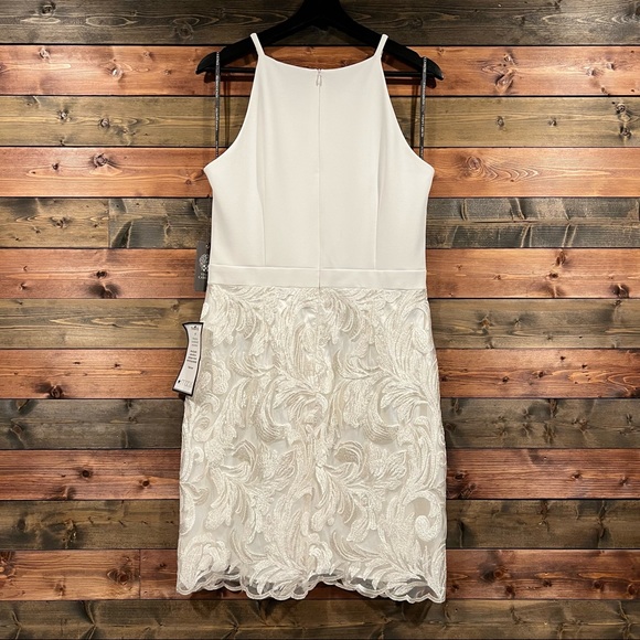 White Sequined Spaghetti Strap Jewel Neck Cocktail Sheath Dress | Vince Camuto - Picture 6 of 10